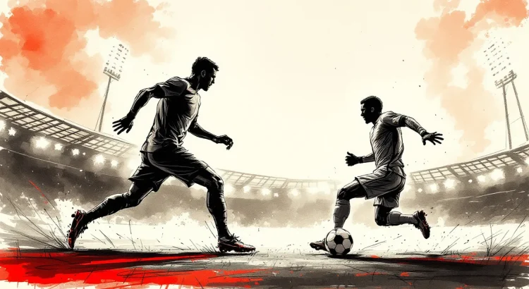 Bundesliga 3. Spieltag 2026/27 – Sketch-Illustration zweier Fußballspieler im Zweikampf, Stadion mit Flutlicht im Hintergrund
